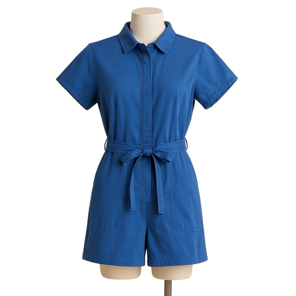 Loup Blue Romper Jumpsuit Short Sleeve Zipper Belted Utility Summer Outfit small
